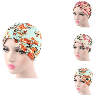 Skullies & Beanies Womens Floral Print Cotton Turban Chemo Sleep Cap-Turban Hat Cap Hair Wrap - 3 Colors(print Blue+pink+beig...