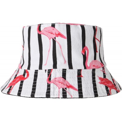 Bucket Hats Unisex Cute Unique Print Travel Bucket Hat Summer Fisherman Cap - Flamingos stripe white - C718E23A44Z $16.31