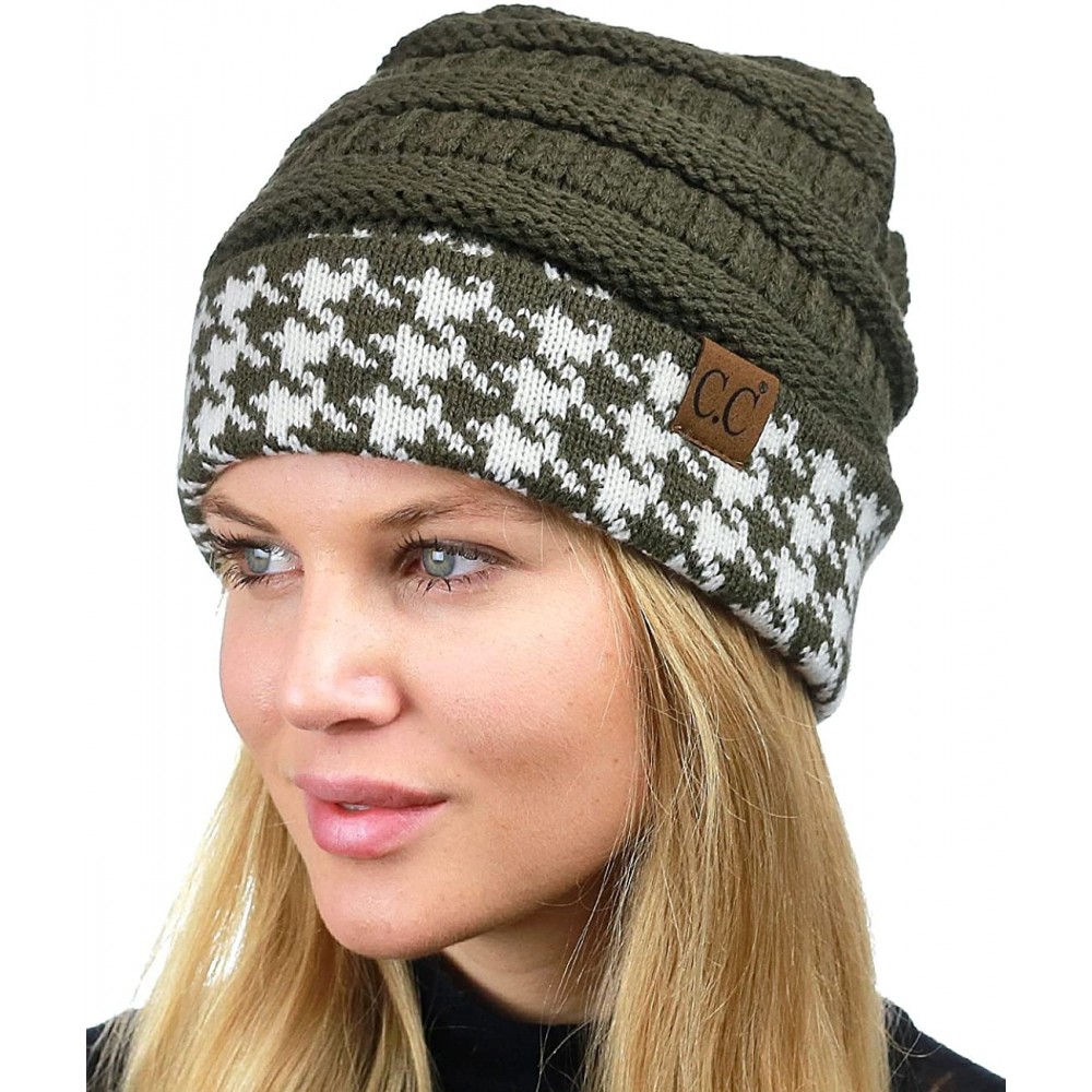 Skullies & Beanies Cable Knit Soft Stretch Multicolor Houndstooth Stitch Cuff Skully Beanie Hat - Houndstooth Dark Olive - C2...