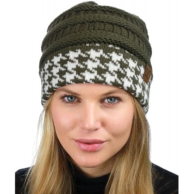 Skullies & Beanies Cable Knit Soft Stretch Multicolor Houndstooth Stitch Cuff Skully Beanie Hat - Houndstooth Dark Olive - C2...