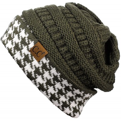 Skullies & Beanies Cable Knit Soft Stretch Multicolor Houndstooth Stitch Cuff Skully Beanie Hat - Houndstooth Dark Olive - C2...