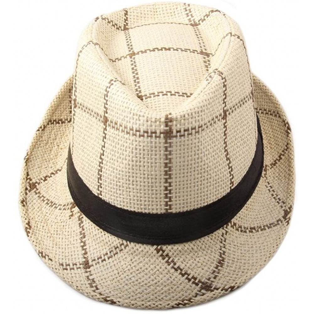 Sun Hats Men's Plaid Straw Beach Sun Fedora Panama hats Beige - CC11ZPO0I2X $13.04