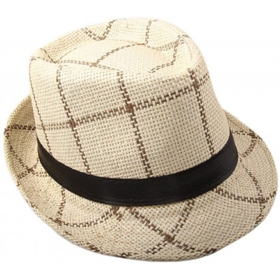 Sun Hats Men's Plaid Straw Beach Sun Fedora Panama hats Beige - CC11ZPO0I2X $13.04