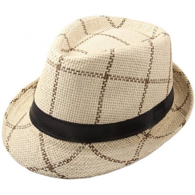 Sun Hats Men's Plaid Straw Beach Sun Fedora Panama hats Beige - CC11ZPO0I2X $13.04