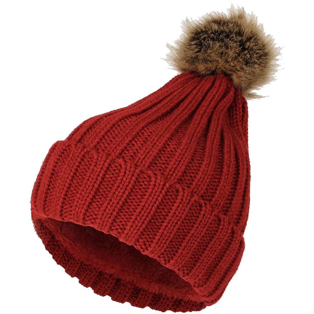 Skullies & Beanies Fleece Ribbed Knit Pom Beanie Winter Hat Slouchy Cap CZP0011 - Wine - CV18KKL4TDG $13.35