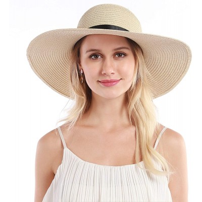 Sun Hats Womens Straw Hat Wide Brim Floppy Beach Cap Adjustable Sun Hat for Women UPF 50+ - Bowknot&light Khaki - CP1947L6MDT...