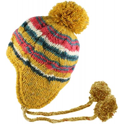 Skullies & Beanies Multi Stripe Knit Pom Pom Handmade Beanie Winter Ski Warm Hat - Mustard - CW11TJMVN53 $9.55