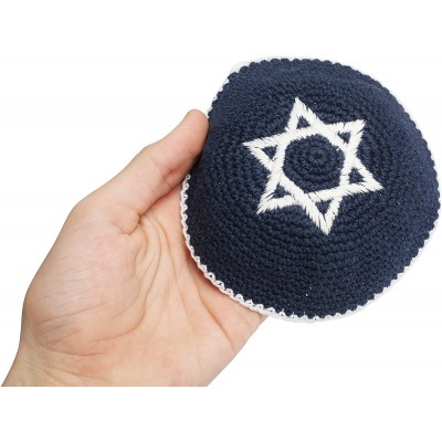 Skullies & Beanies Star of David Jewish KippahHatFor Men & Kids with Clip Beautifully Knitted - Dark Blue & White - CS1880CIE...