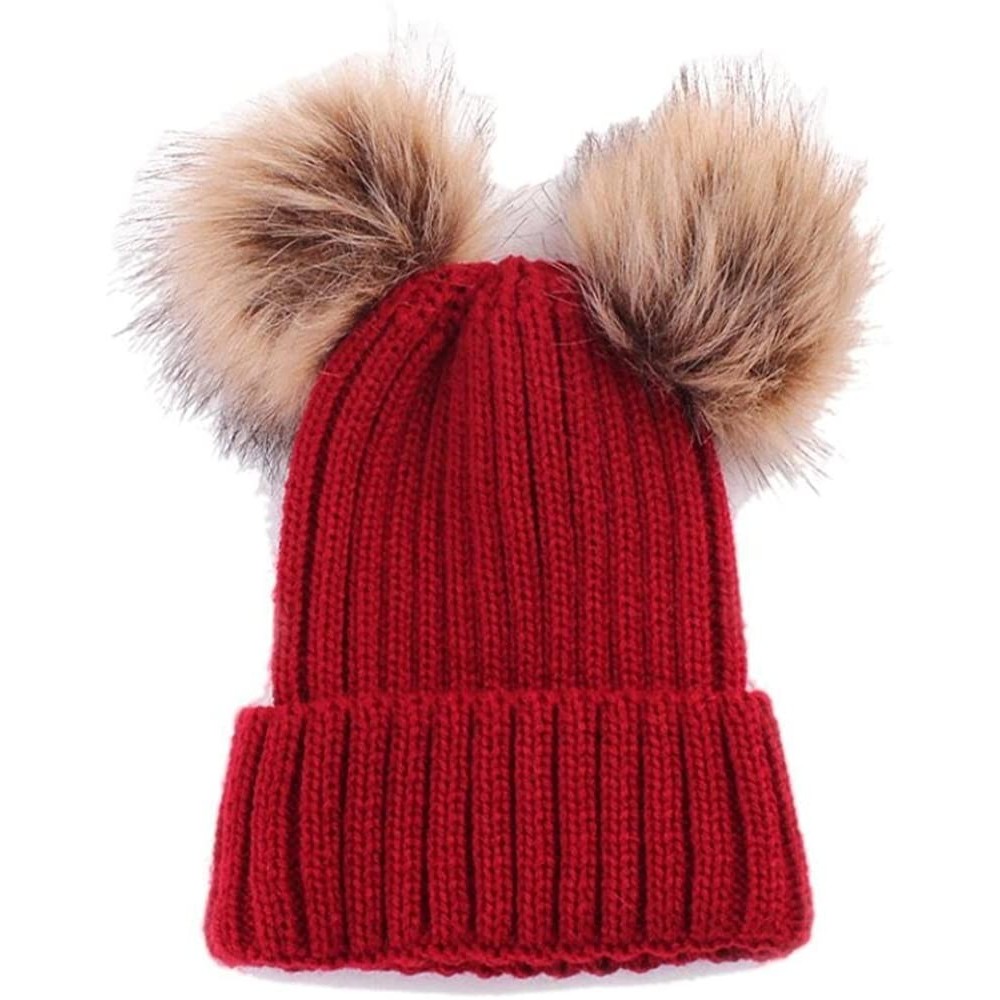 Skullies & Beanies Women Winter Chunky Knit Double Pom Pom Beanie Hats Cozy Warm Slouchy Hat - Red - C9188RZTY8O $9.45