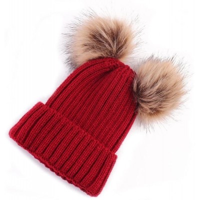 Skullies & Beanies Women Winter Chunky Knit Double Pom Pom Beanie Hats Cozy Warm Slouchy Hat - Red - C9188RZTY8O $9.45