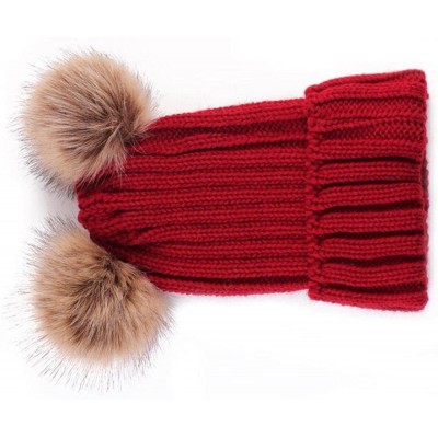 Skullies & Beanies Women Winter Chunky Knit Double Pom Pom Beanie Hats Cozy Warm Slouchy Hat - Red - C9188RZTY8O $9.45