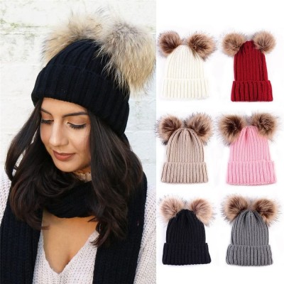 Skullies & Beanies Women Winter Chunky Knit Double Pom Pom Beanie Hats Cozy Warm Slouchy Hat - Red - C9188RZTY8O $9.45