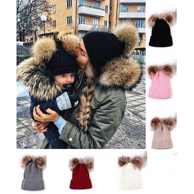 Skullies & Beanies Women Winter Chunky Knit Double Pom Pom Beanie Hats Cozy Warm Slouchy Hat - Red - C9188RZTY8O $9.45