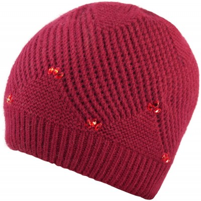 Skullies & Beanies Women's Angora Beanie Hat Rhinestone Square Double Bow Dual Layer - Beaded - Red - CN12O53KTVM $22.96