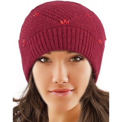 Skullies & Beanies Women's Angora Beanie Hat Rhinestone Square Double Bow Dual Layer - Beaded - Red - CN12O53KTVM $22.96