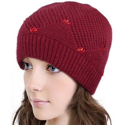 Skullies & Beanies Women's Angora Beanie Hat Rhinestone Square Double Bow Dual Layer - Beaded - Red - CN12O53KTVM $22.96