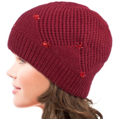 Skullies & Beanies Women's Angora Beanie Hat Rhinestone Square Double Bow Dual Layer - Beaded - Red - CN12O53KTVM $22.96