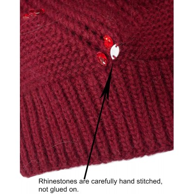 Skullies & Beanies Women's Angora Beanie Hat Rhinestone Square Double Bow Dual Layer - Beaded - Red - CN12O53KTVM $22.96