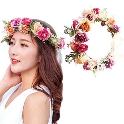 Headbands Girls Wedding Flower Crown Headband for Women Floral Wreath Garland Headpiece with Ribbon Party - Colore - CQ18Y4SU...