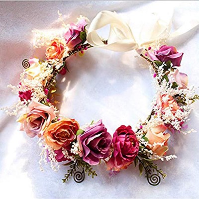 Headbands Girls Wedding Flower Crown Headband for Women Floral Wreath Garland Headpiece with Ribbon Party - Colore - CQ18Y4SU...