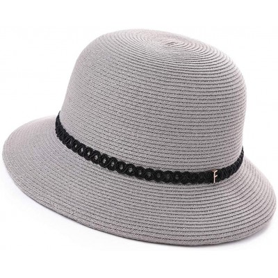 Sun Hats Womens Summer Sun Beach Straw Hats UPF Protective Panama Fedora Outdoor Patio - 00010_gray - CL18TRUXZH3 $21.13