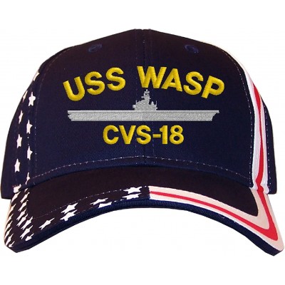 Baseball Caps USS Wasp CVS-18 Embroidered Stars & Stripes Baseball Cap Navy - CN17YYSU8MT $15.11