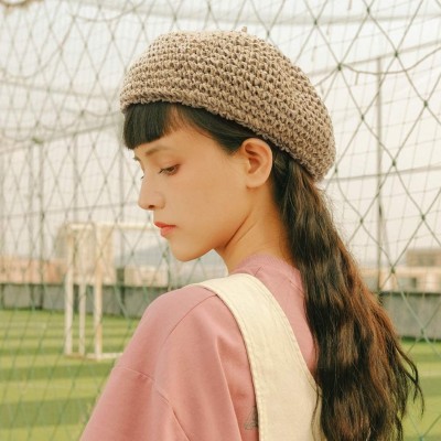 Berets Women Beret Hat Crochet Straw Newsboy Hat Adjustable French Style Fiddler Artist Hat - Khaki - CW18SYO9OL8 $10.06