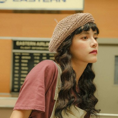 Berets Women Beret Hat Crochet Straw Newsboy Hat Adjustable French Style Fiddler Artist Hat - Khaki - CW18SYO9OL8 $10.06