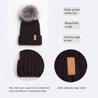 Skullies & Beanies Women Winter Knitted Beanie Hat with Fur Pom Bobble Hat Skull Beanie for Women - Black( Silver Fox Pom) - ...