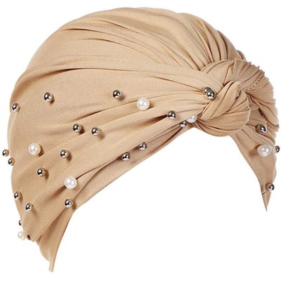 Skullies & Beanies Women Pearl Beading Chemo Turban Headband Scarf Beanie Cap Hat India Hat Turban Wrap Cap - Khaki - CN18TUU...