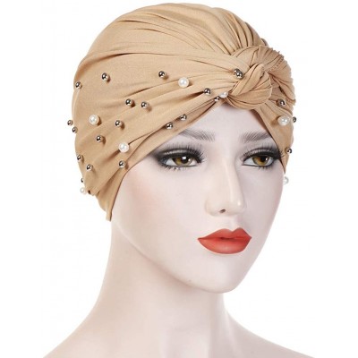 Skullies & Beanies Women Pearl Beading Chemo Turban Headband Scarf Beanie Cap Hat India Hat Turban Wrap Cap - Khaki - CN18TUU...