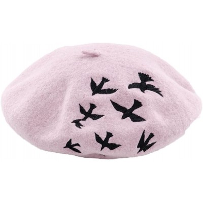 Berets Women's Warm Embroidery Bird Wool Cap Berets Robin Hat - Pink - CJ1827TDEYN $26.75