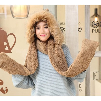 Skullies & Beanies Clearance Chaofanjiancai Womens Faux Fur Winter Warm Fluffy Hood Scarf Hat Ladies Snood Pocket Hats Gloves...