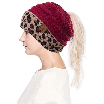 Skullies & Beanies Women Classic Solid Color with Leopard Cuff Ponytail Messy Bun Beanie Skull Cap - Burgundy - CF18K0S0KMS $...