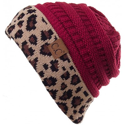 Skullies & Beanies Women Classic Solid Color with Leopard Cuff Ponytail Messy Bun Beanie Skull Cap - Burgundy - CF18K0S0KMS $...