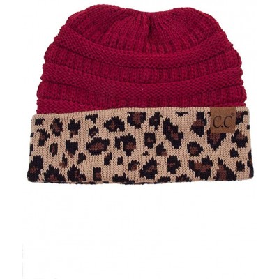 Skullies & Beanies Women Classic Solid Color with Leopard Cuff Ponytail Messy Bun Beanie Skull Cap - Burgundy - CF18K0S0KMS $...