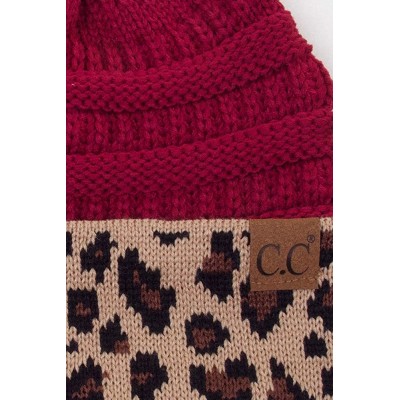 Skullies & Beanies Women Classic Solid Color with Leopard Cuff Ponytail Messy Bun Beanie Skull Cap - Burgundy - CF18K0S0KMS $...