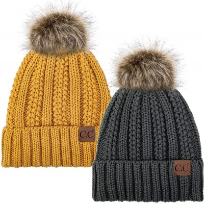 Skullies & Beanies Thick Cable Knit Hat Faux Fur Pom Fleece Lined Cap Cuff Beanie 2 Pack - Dk Melange/Mustard - CR1924A8ISY $...