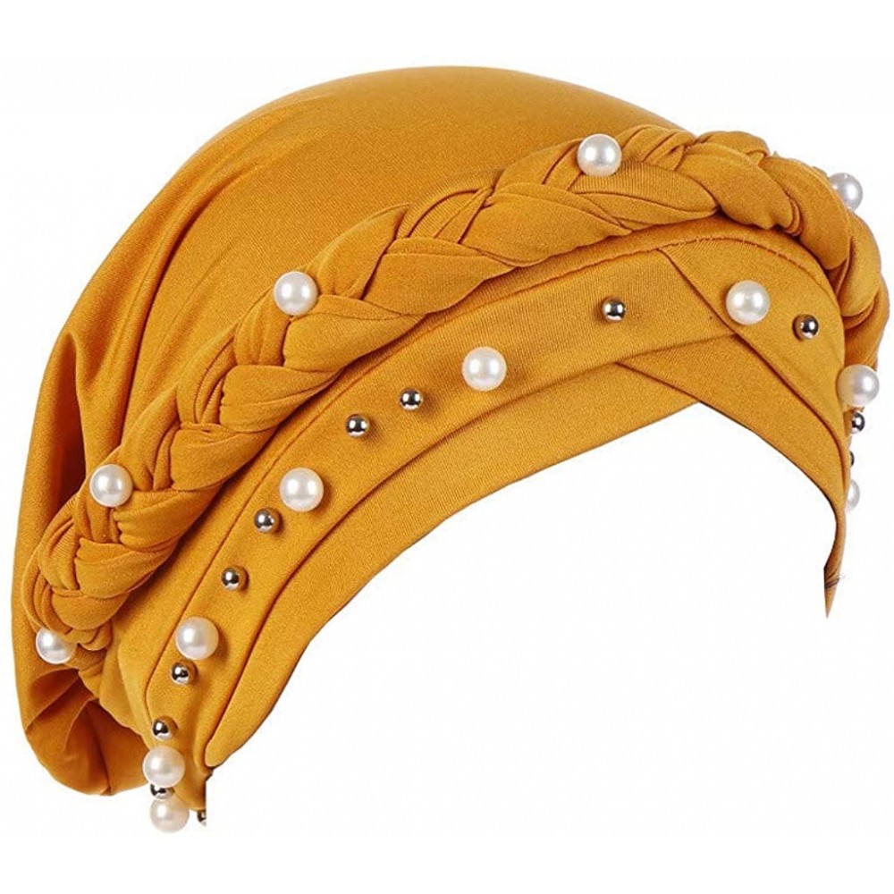 Skullies & Beanies Women India Hat Muslim Solid One Tail Chemo Beanie Scarf Turban Warm Wrap Cap - Yellow - CH18TN07N97 $9.27