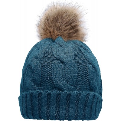 Skullies & Beanies Women's Winter Ribbed Knit Faux Fur Pompoms Chunky Lined Beanie Hats - A Twist Teal - CS184ROM4NY $17.67