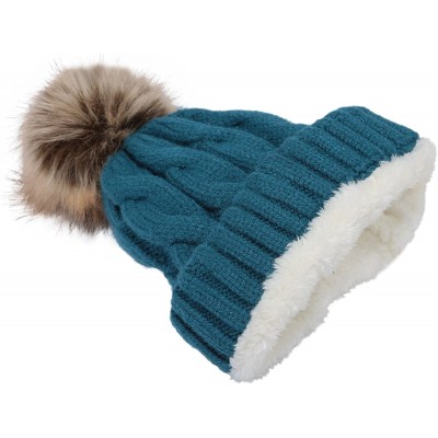 Skullies & Beanies Women's Winter Ribbed Knit Faux Fur Pompoms Chunky Lined Beanie Hats - A Twist Teal - CS184ROM4NY $11.14
