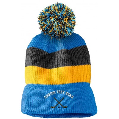 Skullies & Beanies Custom Vintage Pom Pom Beanie Hockey Sticks Embroidery Acrylic - Light Blue Stripes - CR18H5MI09Q $14.32