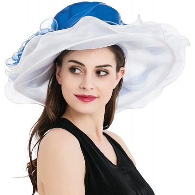 Sun Hats Women's Kentucky Derby Church Summer Organza Wide Brim Party Wedding Hat - White and Blue - CB12O6K3GBU $20.12