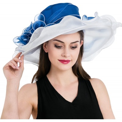 Sun Hats Women's Kentucky Derby Church Summer Organza Wide Brim Party Wedding Hat - White and Blue - CB12O6K3GBU $20.12