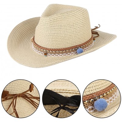 Sun Hats Cowboy Cowgirl Floppy Sun Hat Fedora Straw Wide Brim Bucket Beach Cap - Beige - CZ18D63O9U6 $14.01