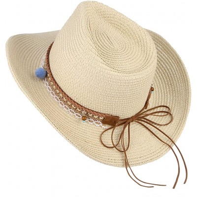 Sun Hats Cowboy Cowgirl Floppy Sun Hat Fedora Straw Wide Brim Bucket Beach Cap - Beige - CZ18D63O9U6 $14.01