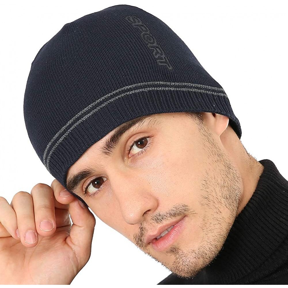 Skullies & Beanies Mens Winter Sport Beanie Hat Warm Knit Hats with Lining Unisex Tactical Plain Ski Skull Cap - Navy - CI18X...