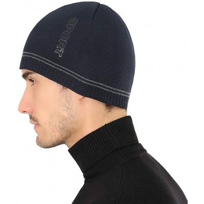 Skullies & Beanies Mens Winter Sport Beanie Hat Warm Knit Hats with Lining Unisex Tactical Plain Ski Skull Cap - Navy - CI18X...