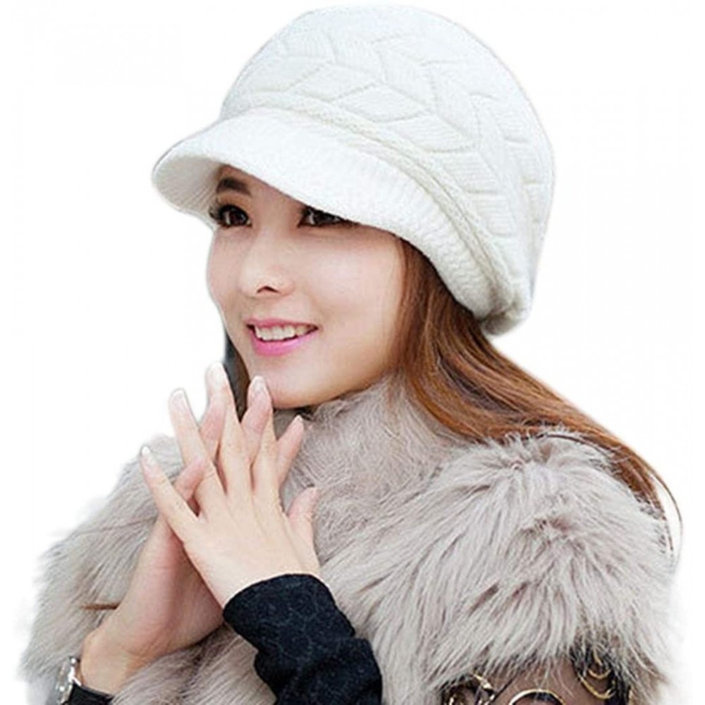 Skullies & Beanies Womens Winter Warm Knitted Hats Slouchy Wool Beanie Hat Cap with Visor - White - CP18NMA9376 $7.41