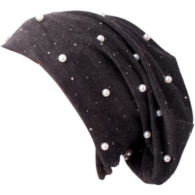 Skullies & Beanies Women Beading Pearls Ruffle Hat Cancer Chemo Beanie Scarf Turban Wrap Cap - Gray - C418QZR8LWY $10.45